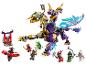 Súprava LEGO Ninjago s dvojhlavým drakom, minifigúrkami nindžov a nepriateľmi.