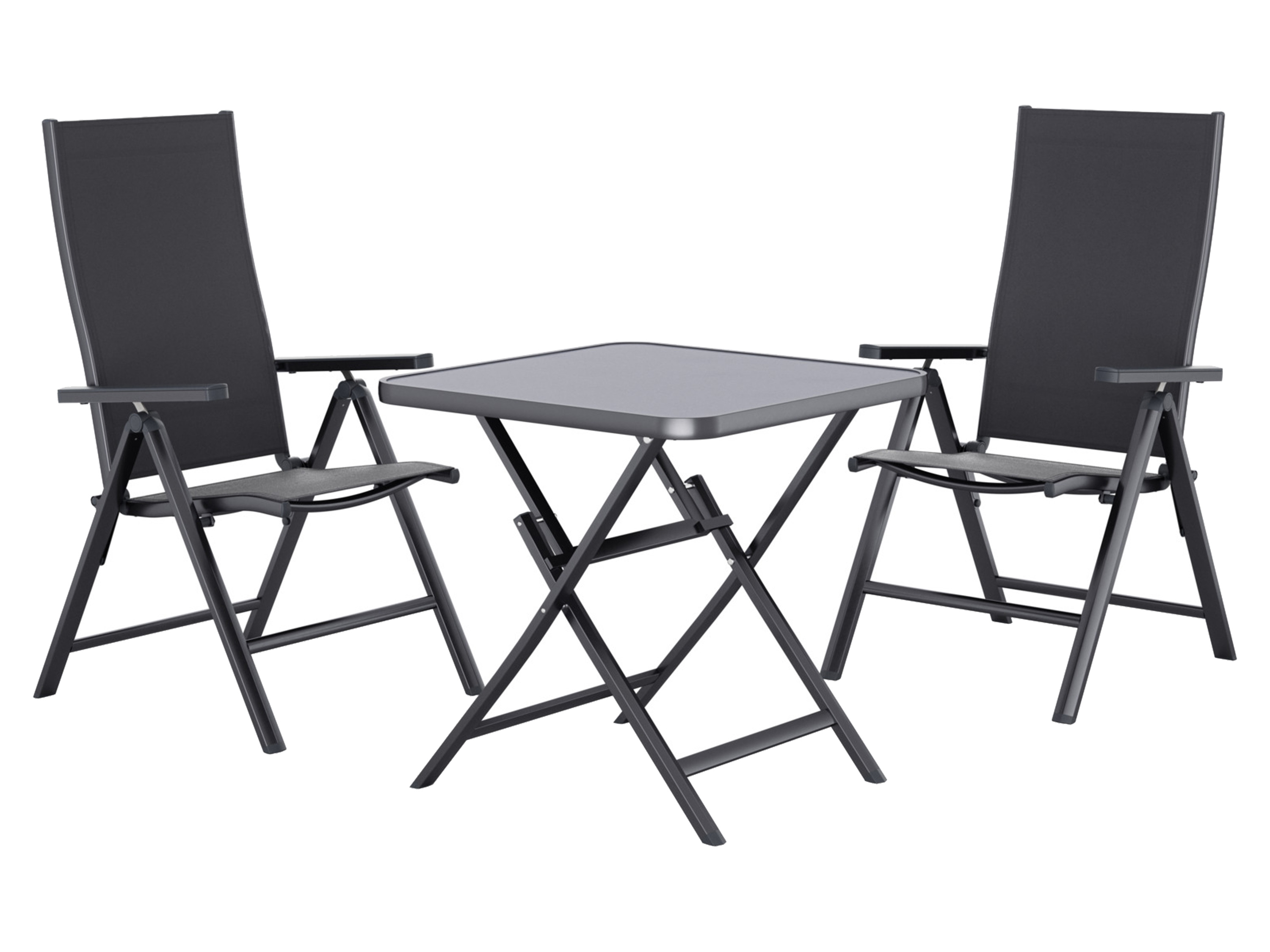 LIVARNO® Hliníkový skladací stôl Houston/Toronto, 70 x 70 x 70 cm + Záhradné hliníkové kreslo Houston, 2 kusy, sivé