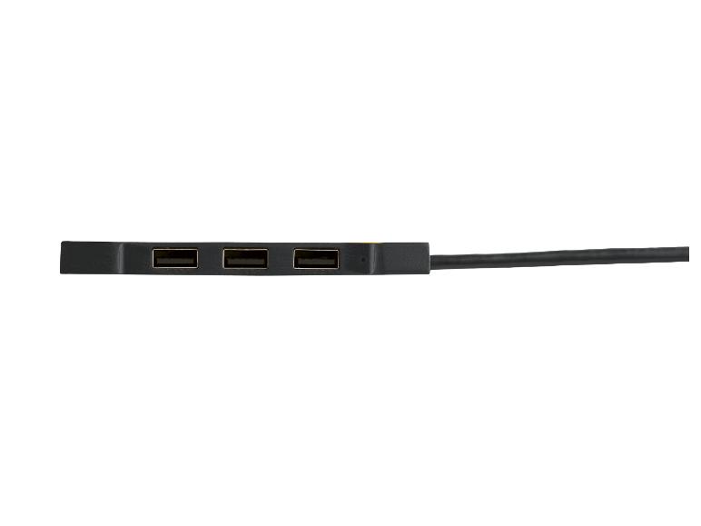 Čierny rozbočovač USB s tromi portami a káblom.
