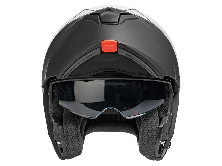 Čierna motocyklová prilba s otvorenou tvárou a slnečnou clonou