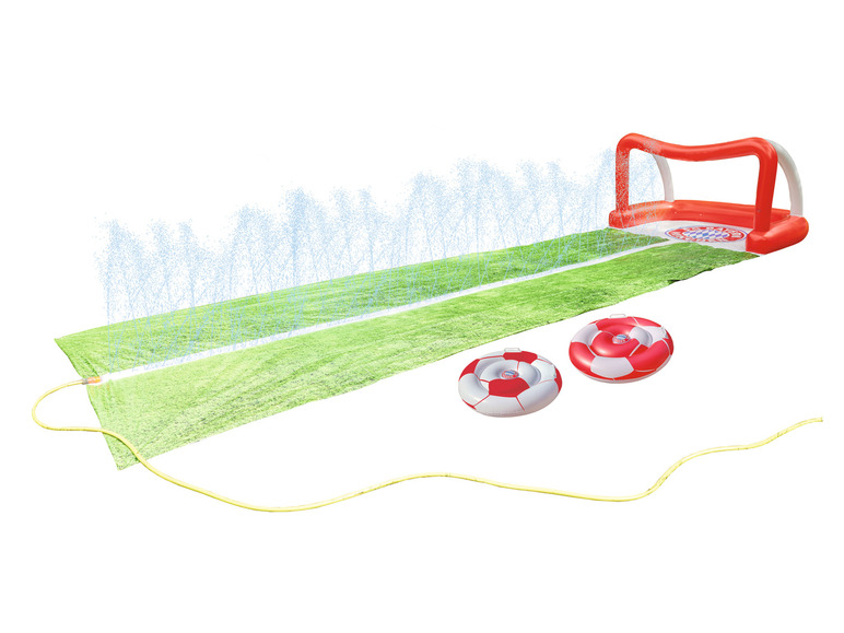 Nafukovací futbalový gól so závlahovou hadicou a dvoma nafukovacími kruhmi s futbalovou tematikou.