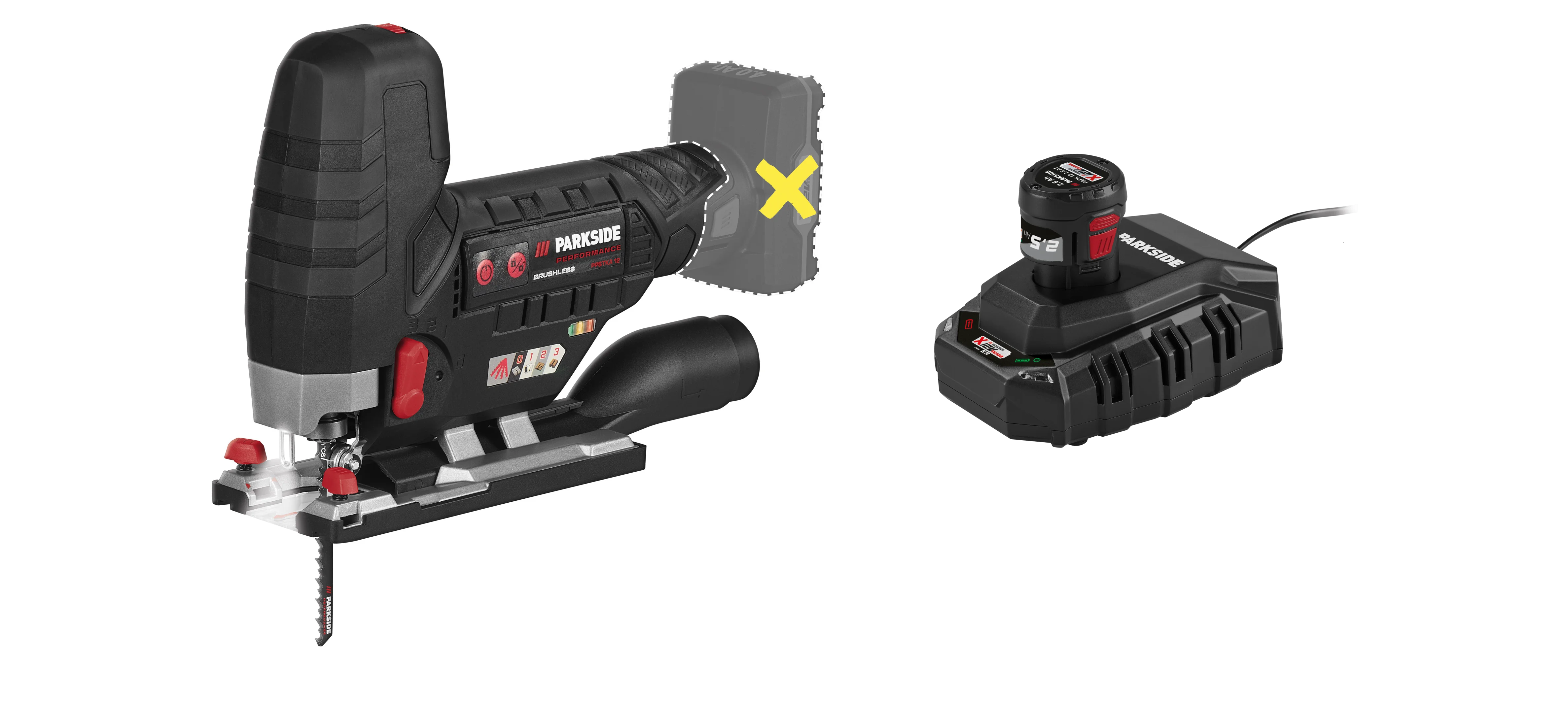 PARKSIDE PERFORMANCE® Aku priamočiara píla 12 V PPSTKA 12 A1 + Akumulátor 12 V/2,5 Ah PAPK 12 2.5 B1 + Nabíjačka 6 A PLGK 12 6.0 B1