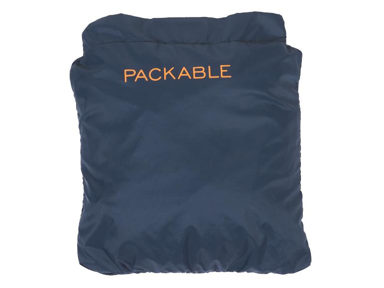 Tmavomodrá skladacia bunda s nápisom 'PACKABLE'.