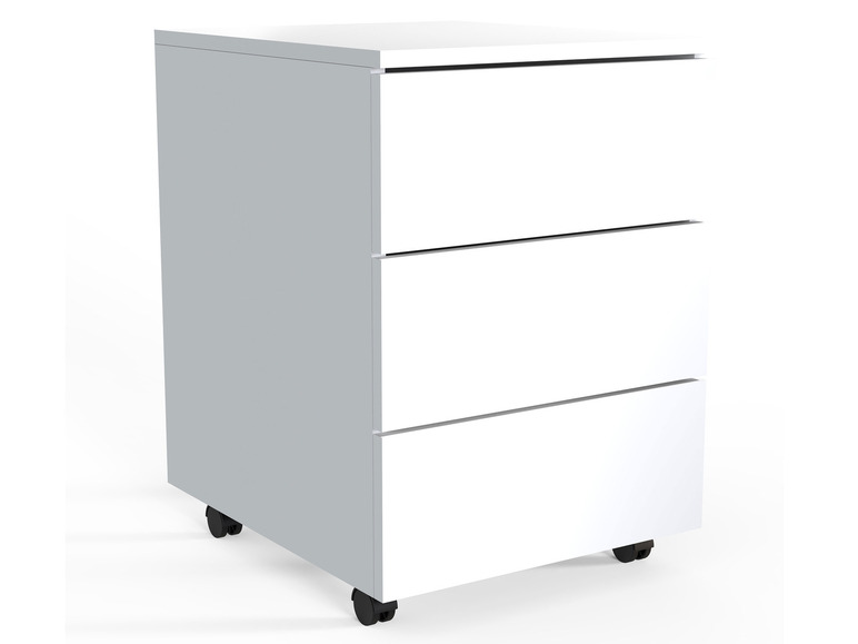 Biely písací stôl s tromi zásuvkami na kolieskach.