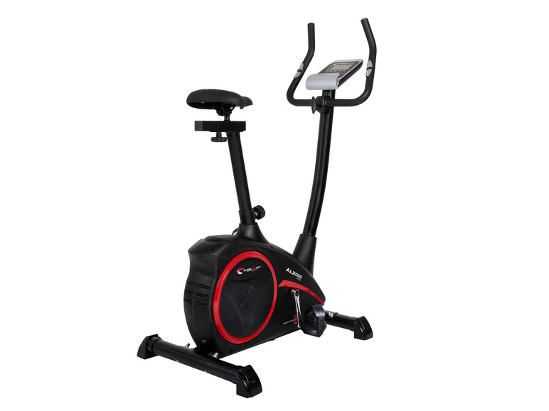 Čierny stacionárny bicykel s červeným lemom, značky Chest-Fit