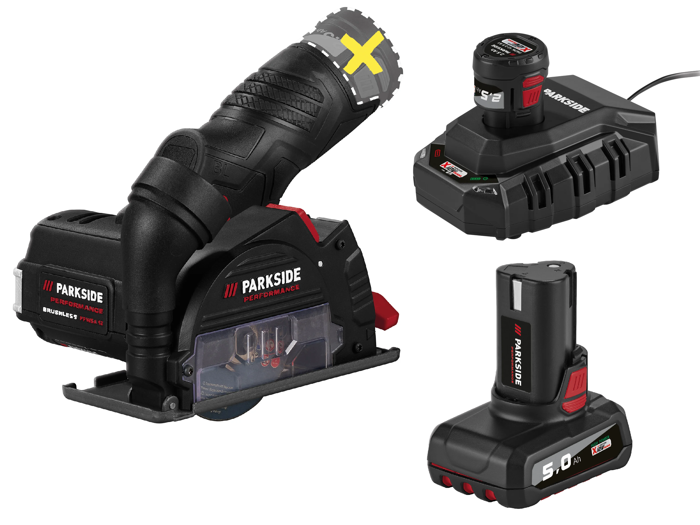 PARKSIDE PERFORMANCE® Aku uhlová brúska 12 V PPWSA 12 A1 + Akumulátor 12 V/2,5 Ah + Akumulátor 12 V/5 Ah + Nabíjačka 6 A