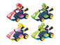 Mario, Luigi, Peach a Yoshi v závodných autách pripravení na preteky.