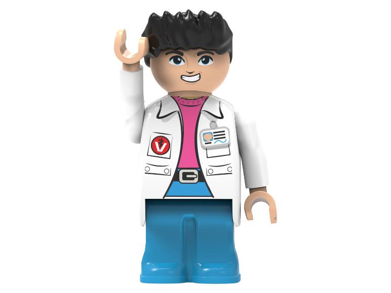 Lego figúrka muža s čiernymi vlasmi, okuliarmi, laboratórnym plášťom a modrými nohavicami.