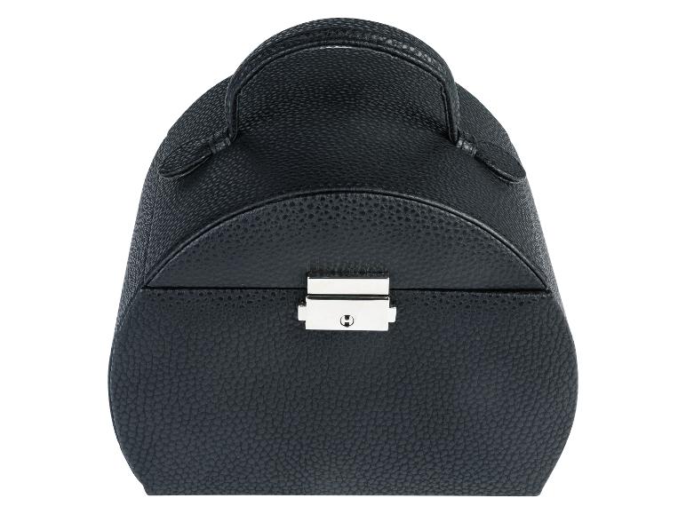 Čierna kožená škatuľka na šperky s rukoväťou.