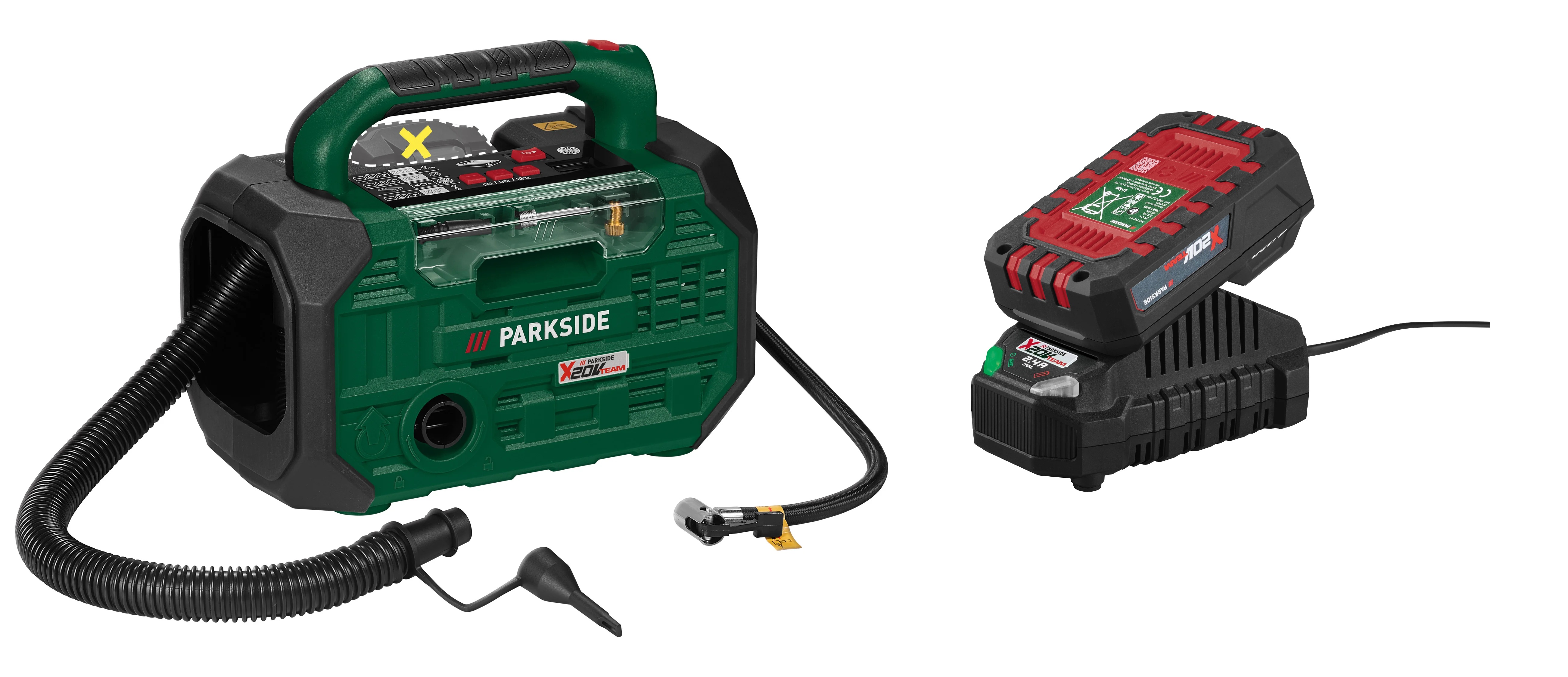 PARKSIDE® Aku kompresor a pumpa PKA 20-Li D3 + Akumulátor 20 V/2 Ah PAP 202 A1 + Nabíjačka na akumulátor 20 V/2,4 A PLG 20 C1