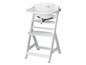 Biela vysoká stolička Safety 1st s podnosom a popruhmi.