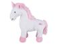 Biely plyšový jednorožec s ružovou hrivou, chvostom, rohom a kopytami, s dvoma vyšívanými srdcami.