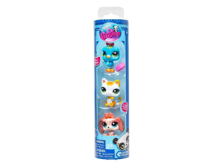 Súprava Littlest Pet Shop s tromi figúrkami zvierat: vtákom, mačkou a šteniatkom.