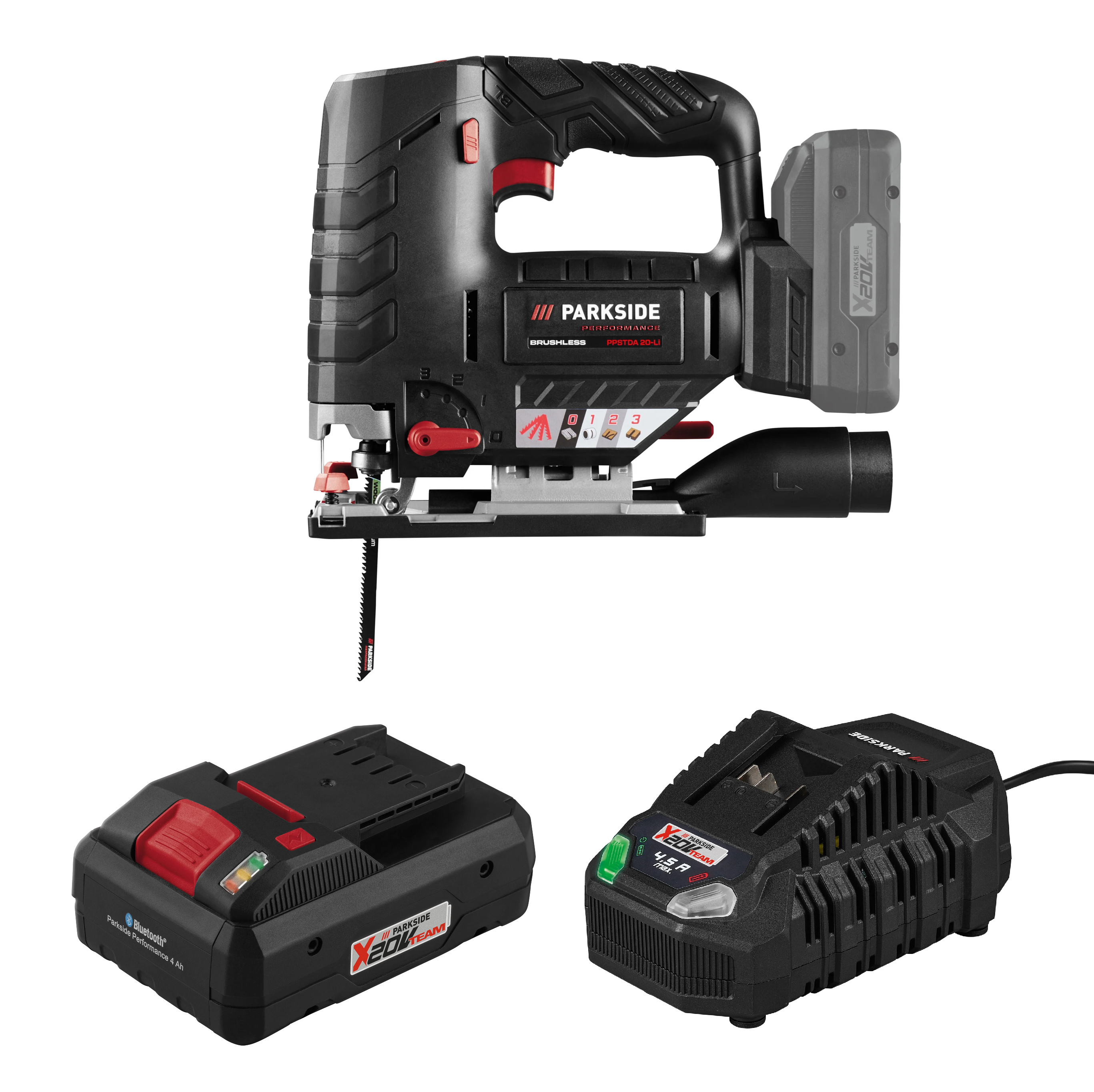 PARKSIDE PERFORMANCE® Aku priamočiara píla PPSTDA 20-Li B2 + Smart akumulátor 20 V/4 Ah + Rýchlonabíjačka akumulátora 20 V/4,5 A