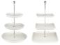 Dve biele etažéry s okrúhlymi a štvorcovými podnosmi
