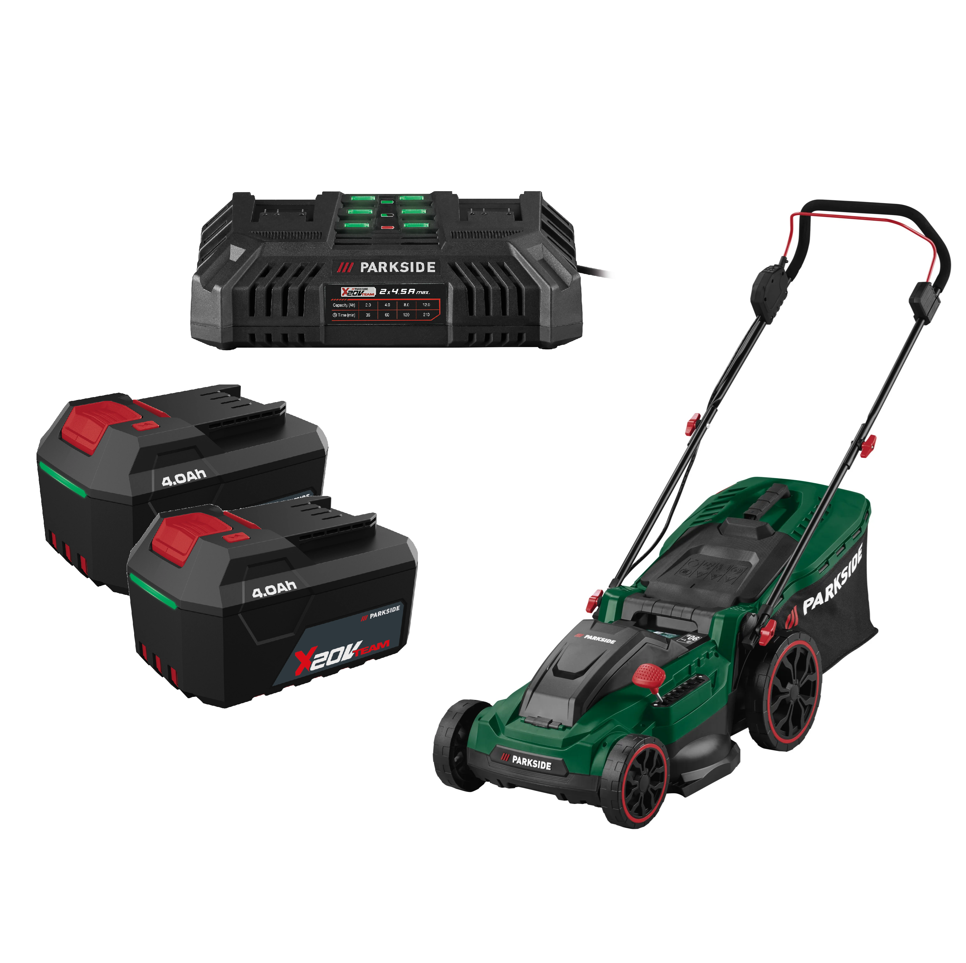 PARKSIDE® Aku kosačka na trávu 40 V PARM 41 A1 + Akumulátor 20 V/4 Ah, 2 kusy + Dvojitá nabíjačka na akumulátor 20 V/4,5 A