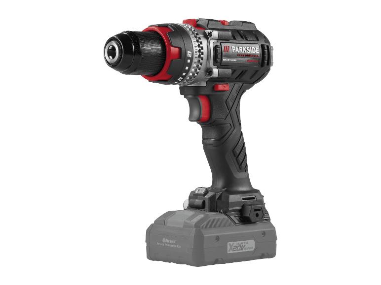 Čierna a červená akumulátorová vŕtačka Parkside Performance s 20V 4Ah Bluetooth batériou.