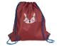 Červený vrecko na šnúrky s obrázkom líšky, vhodné pre deti.