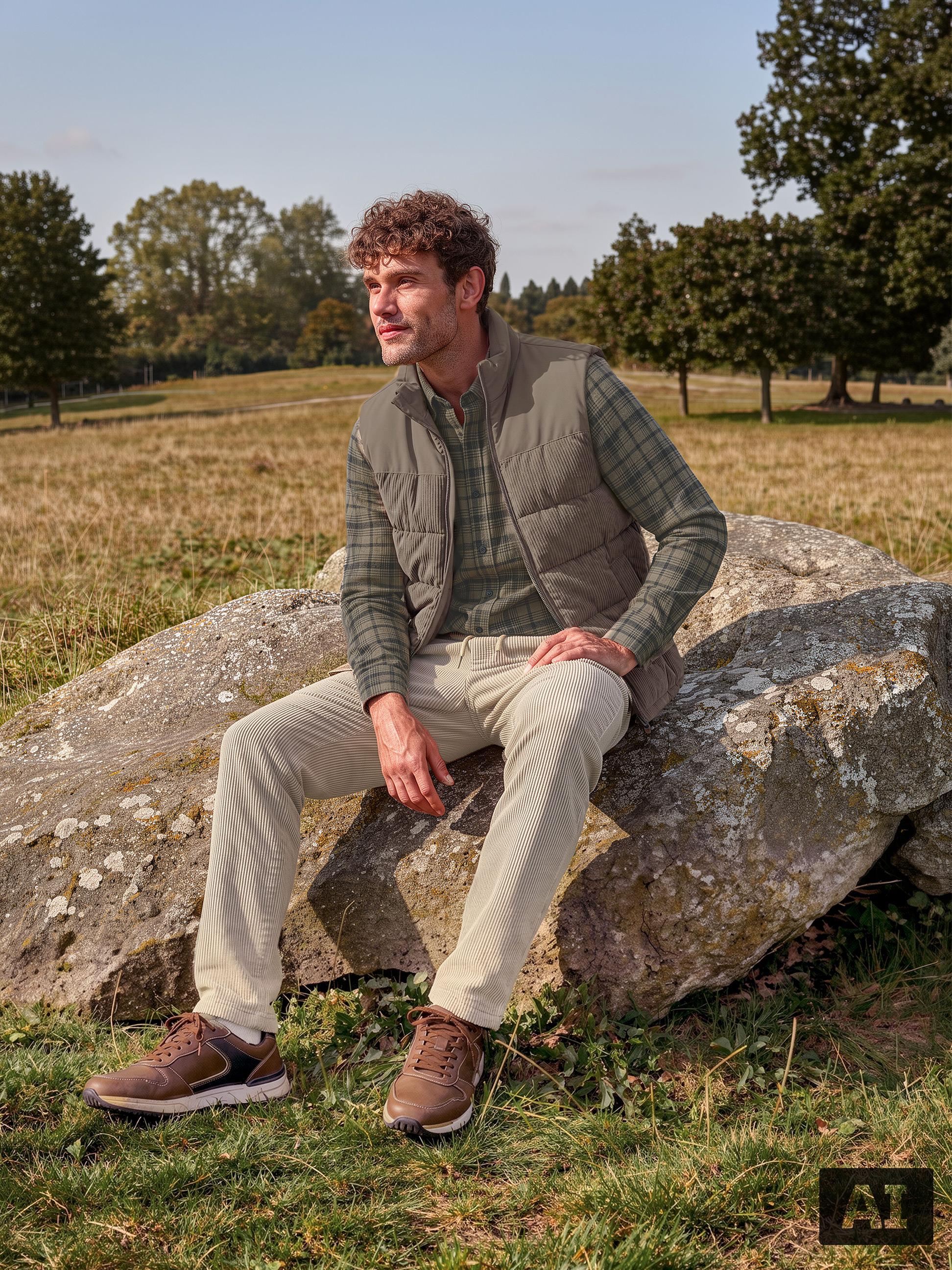 Muž v károvanej košeli, menčestrovej veste a menčestrových nohaviciach sediaci na skale vonku.
