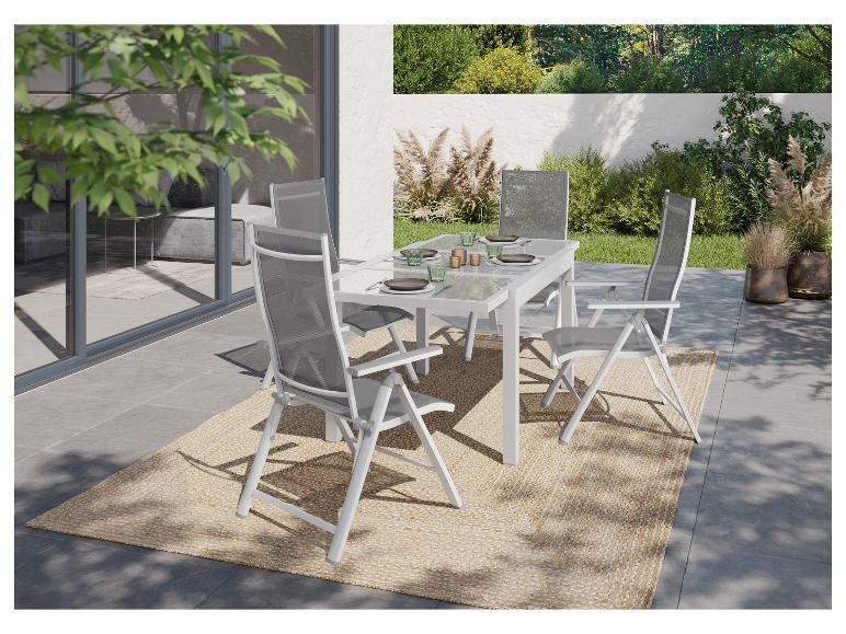 Livarno home Hliníkový záhradný rozkladací stôl Houston + Hliníkové kreslo Houston s vysokým operadlom, 4 kusy