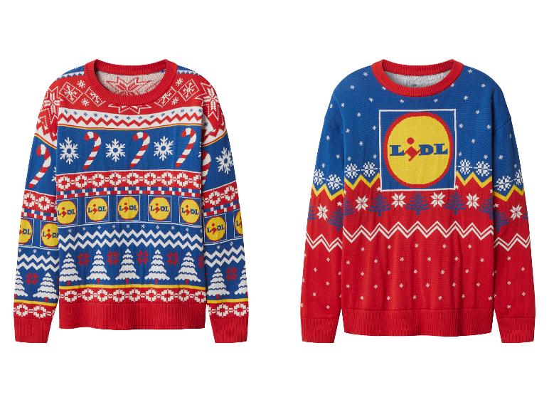 Dva vianočné svetre s tematikou Lidl, jeden s vianočnými vzormi a logami, druhý s veľkým logom.