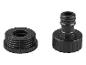 Dve čierne plastové spojky na záhradnú hadicu