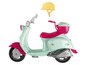 Mint zelená skúter s ružovými detailmi a žltou prilbou.