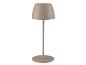 Bezdrôtová stolová lampa v béžovej farbe s okrúhlou základňou a kónickým tienidlom.
