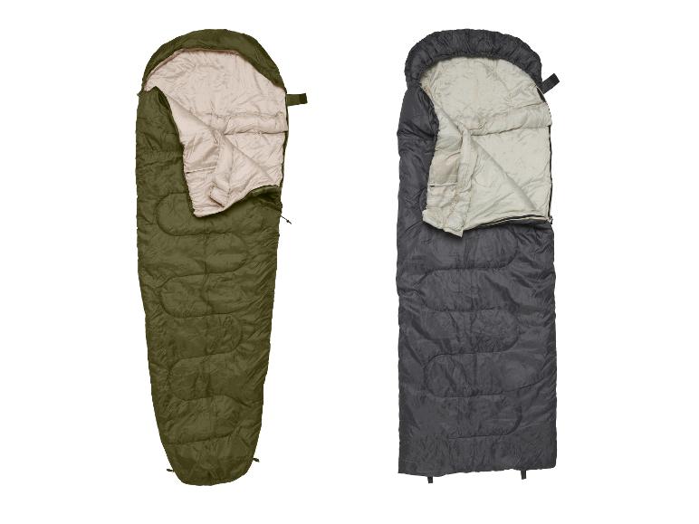 Dva spacie vaky: jeden olivovo zelený a jeden sivý, oba otvorené so svetlým vnútrom.