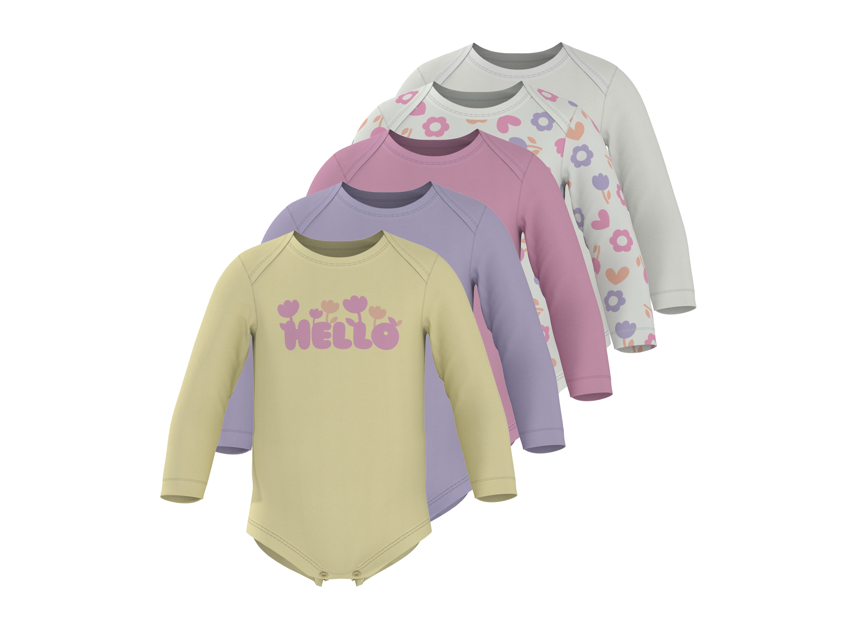 LUPILU® Dievčenské/chlapčenské body s dlhým rukávom, 5 kusov (biela/ružová/fialová/žltá, 62/68)