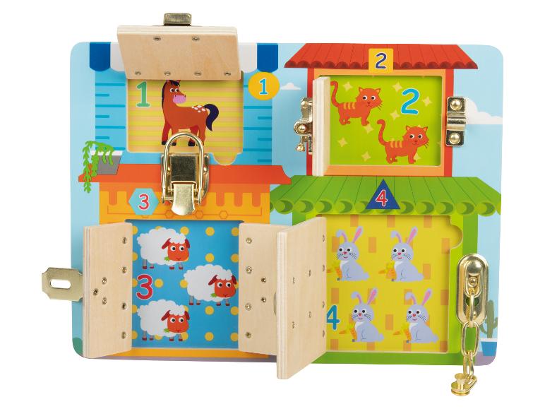 Drevená hracia doska so zvieratkami a zámkami pre deti