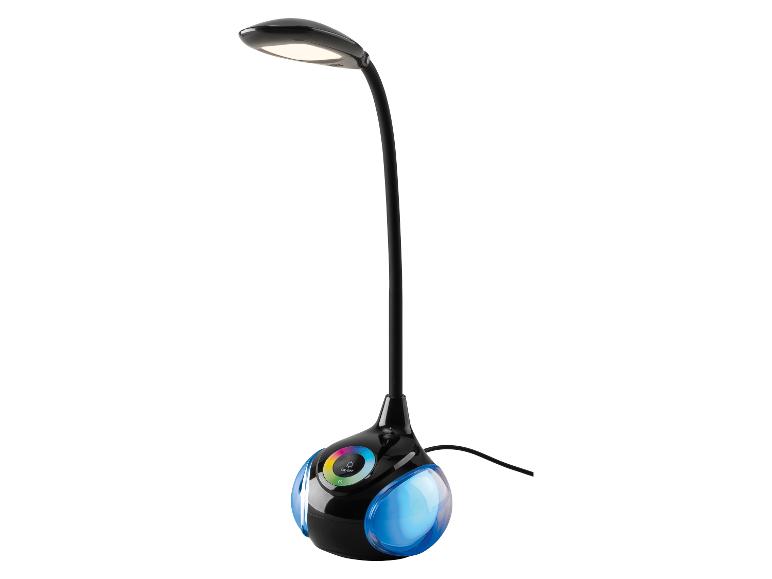 Čierna LED stolná lampa s modrou ambientnou základňou a dotykovým ovládacím panelom.