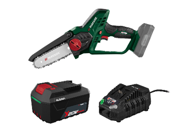 PARKSIDE® Aku reťazová píla PAGHS 20-Li C4 + Rýchlonabíjačka akumulátora 20 V/4,5 A PLG 20 C3 + Akumulátor 20 V/4 Ah PAP 204 A1
