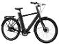 Čierny elektrobicykel s remeňovým pohonom.