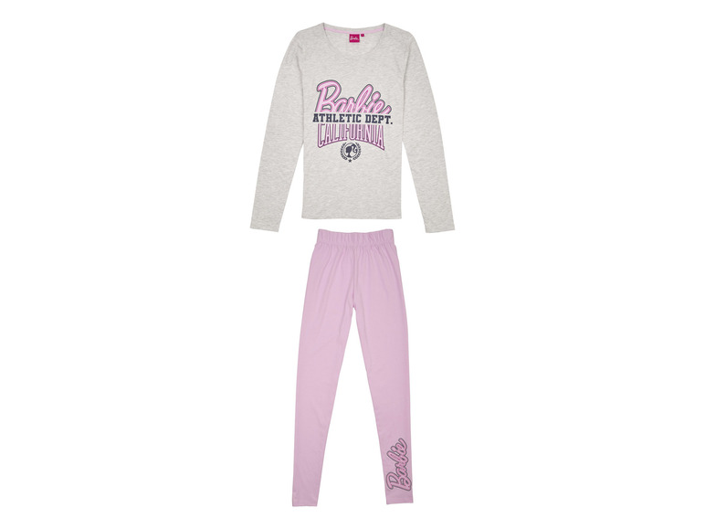 Sivý dlhý rukáv s ružovým potlačou Barbie a zodpovedajúce ružové legíny.