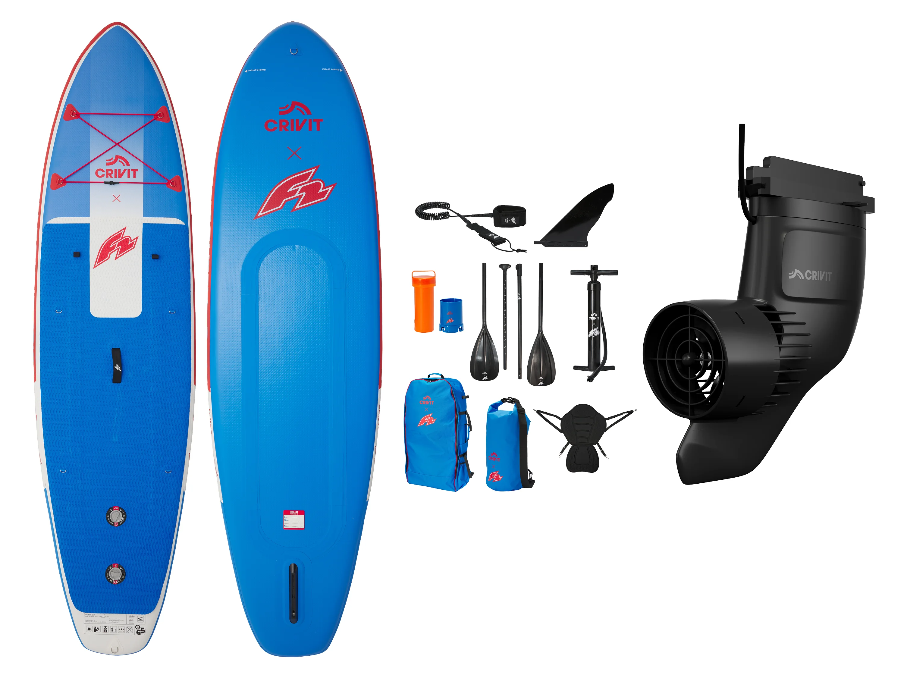 CRIVIT X F2 Univerzálny dvojkomorový nafukovací paddleboard + Elektrická plutva na paddleboard