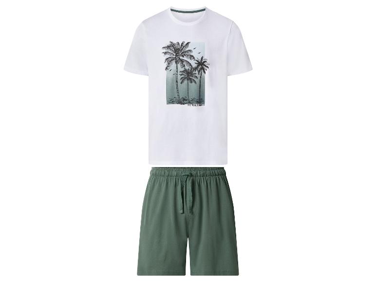 Pánske biele tričko s potlačou paliem a zelené šortky, text 'Tropical Summer'.