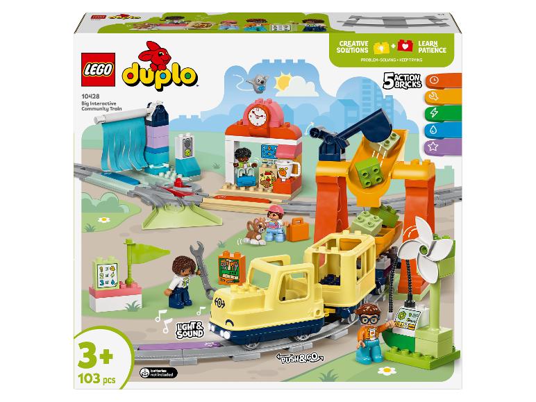 Krabička LEGO Duplo 10428 Veľký interaktívny komunitný vlak, s vlakom, figúrkami a príslušenstvom.