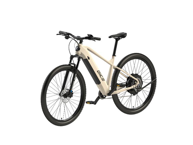Elektrobicykel Dice: béžový horský bicykel s čiernymi pneumatikami.