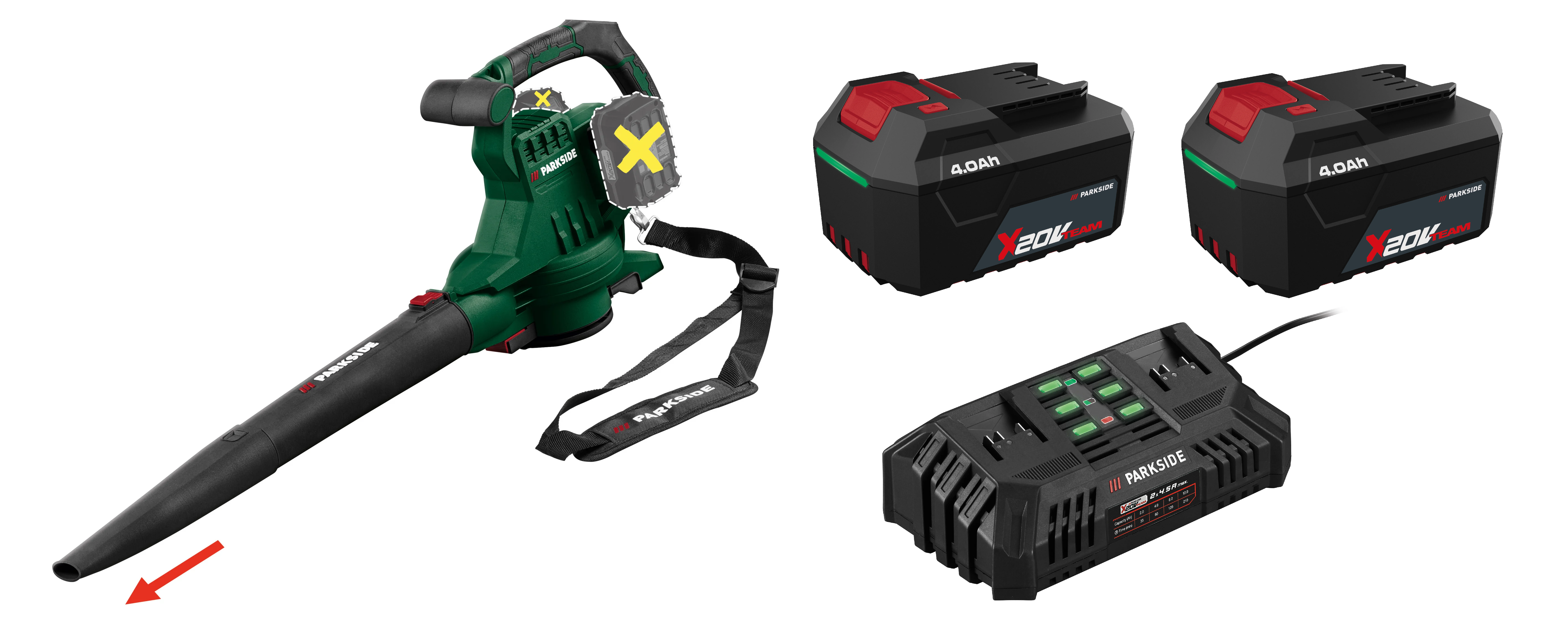 PARKSIDE® Aku vysávač/fúkač lístia PLSA D3 + Akumulátor 20 V/4 Ah PAP 204 A1, 2 kusy + Dvojitá nabíjačka 20 V/4,5 A PDSLG 20 B1
