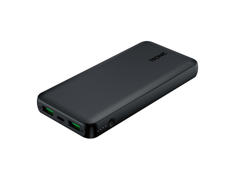 Čierna powerbanka s dvoma USB portami a indikátorom nabitia.
