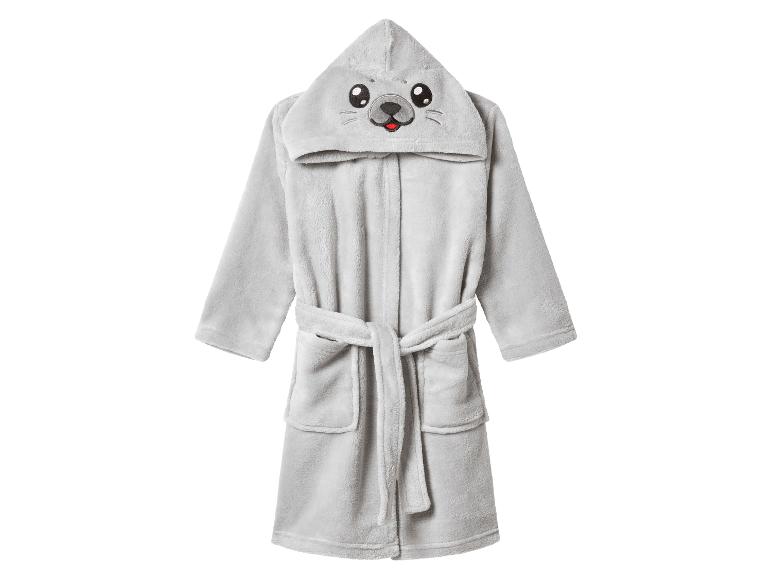Sivý plyšový detský župan s kapucňou v tvare tuleňa