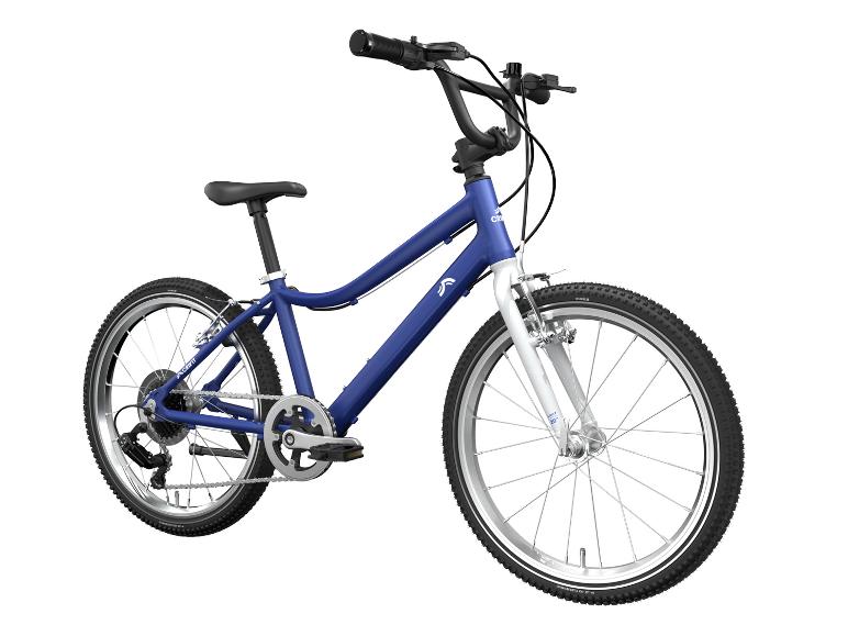 Modro-biely detský bicykel s 20-palcovými kolesami.