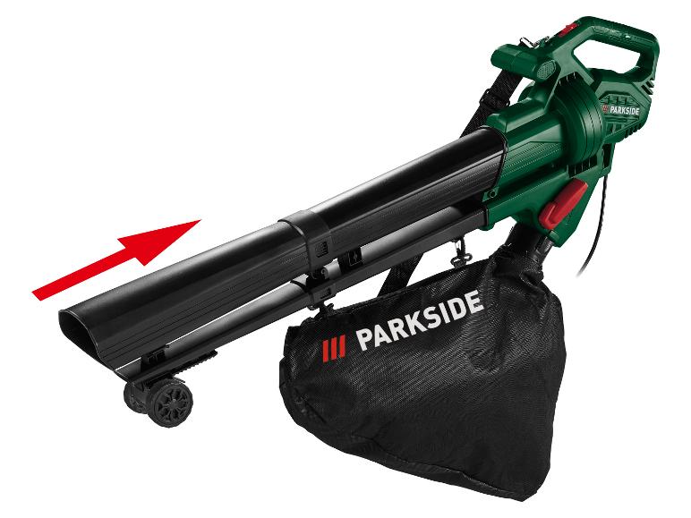 Parkside fúkač-vysávač lístia s kolieskami a zberným vakom, ukazujúci smer prúdenia vzduchu.