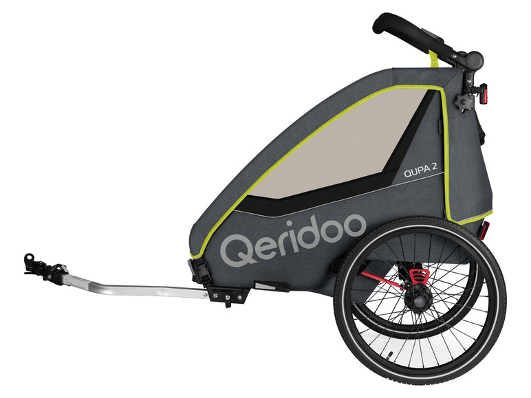 Šedý detský vozík na bicykel Qeridoo QUPA 2 so zeleným lemom.