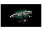 Model LEGO Star Wars Home One Star Cruiser na stojane so zelenou žiarou.