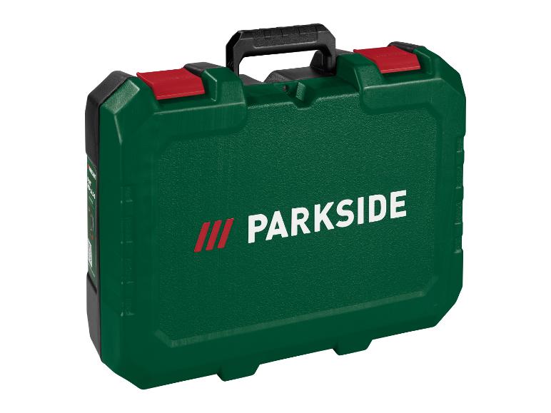 Zelený box na náradie Parkside s červenými sponami a čiernou rukoväťou