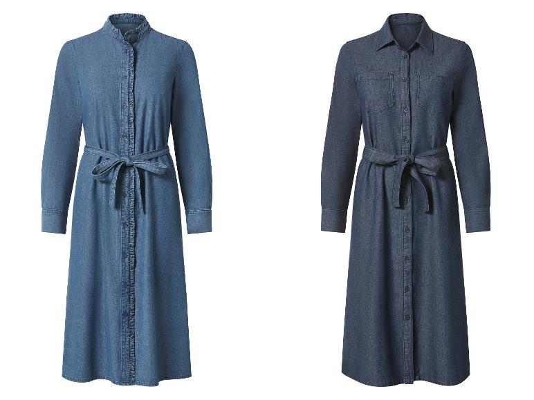 Dvoje dlhé džínsové šaty s dlhými rukávmi: svetlomodré s volánmi a tmavomodré s vreckami.