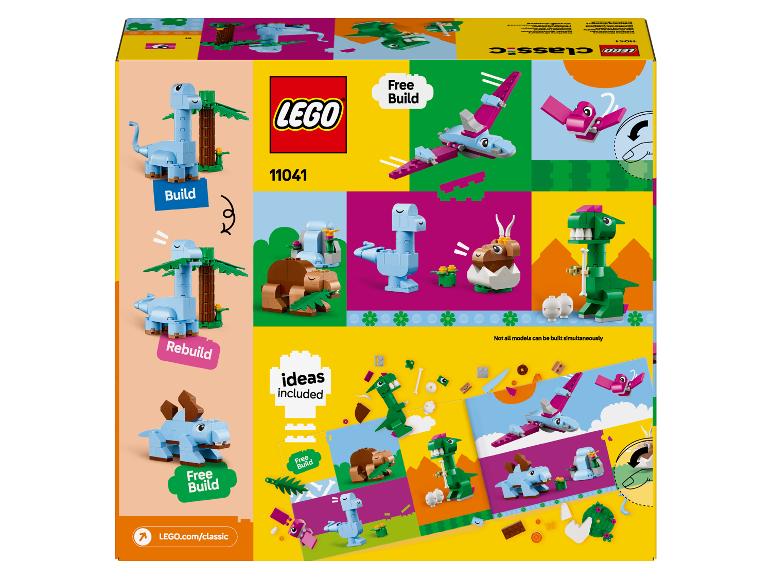 Sada LEGO Classic Creative Dinosaurs s rôznymi modelmi dinosaurov a nápadmi na stavanie.