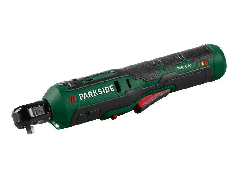 Akumulátorový račňový skrutkovač PARKSIDE PAR 4 A1 v zelenej a čiernej farbe.